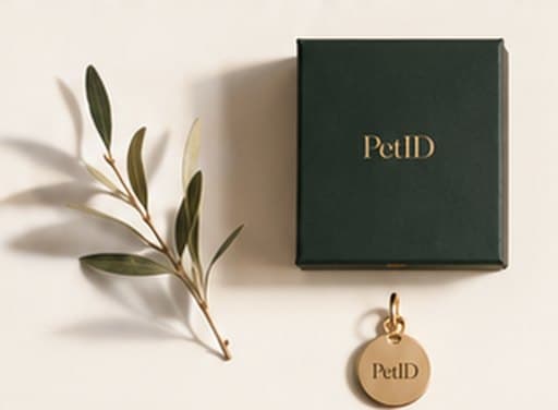 A PetID box and tag arranged with an olive branch