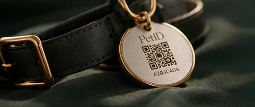 A PetID tag with an engraved QR code on a leather collar