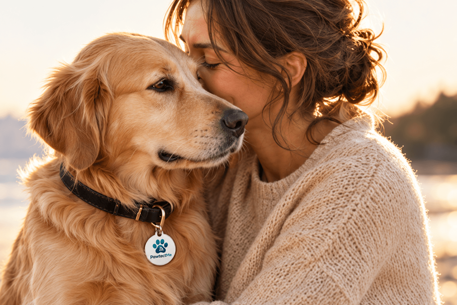 An owner holds her golden retriever close at sunset, its Pawtectme tag on the collar