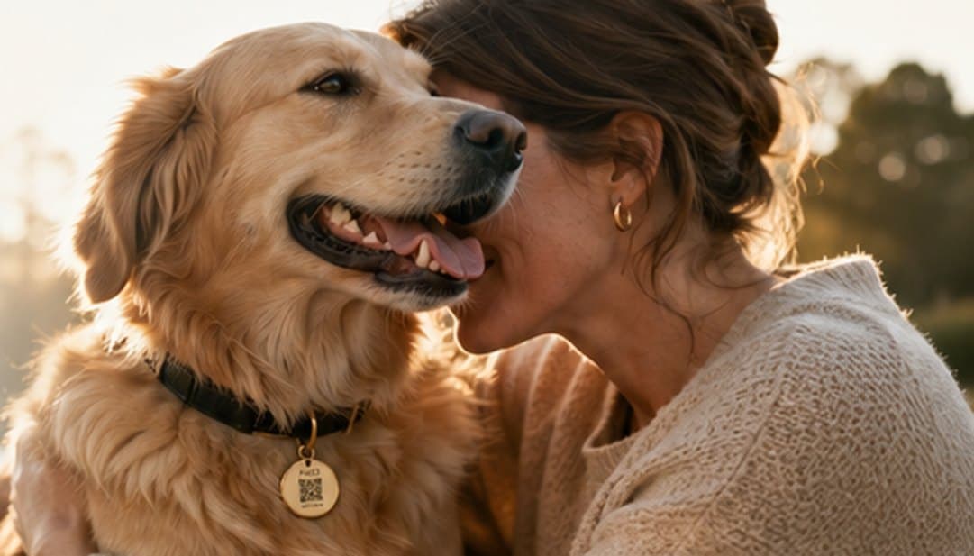 An owner holds her golden retriever close at sunset, its PetID tag on the collar