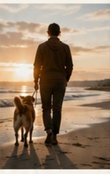 A person walking their dog along the beach at sunset