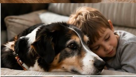 A boy asleep next to his dog on the sofa